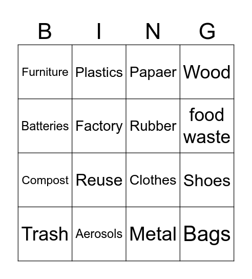Reduce, Reuse, Recycle Bingo Card