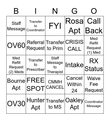 Mental Health Call Center BINGO Card