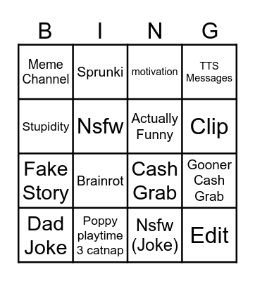 Youtube Shorts Bingo Card