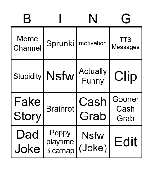 Youtube Shorts Bingo Card