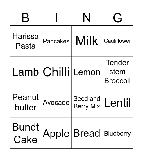 Food Bingo Card