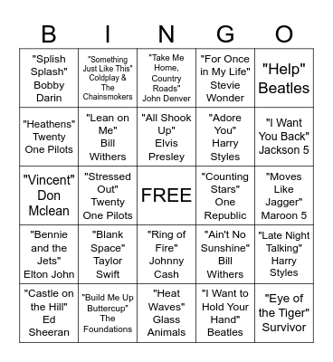 Musical Bingo Card
