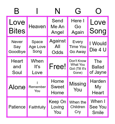 MUSIC BINGO at the Ann Arbor Eagles! 80s Rock Ballads Bingo Card