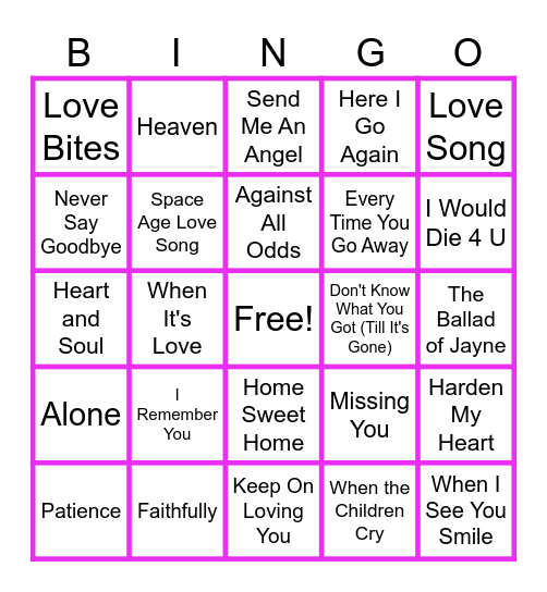 MUSIC BINGO at the Ann Arbor Eagles! 80s Rock Ballads Bingo Card