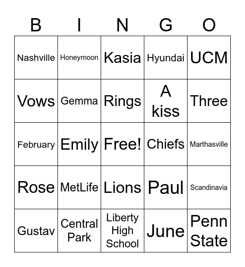 Couple's Shower Bingo Card