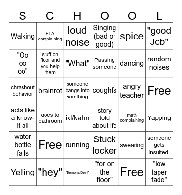 School Bingo Card