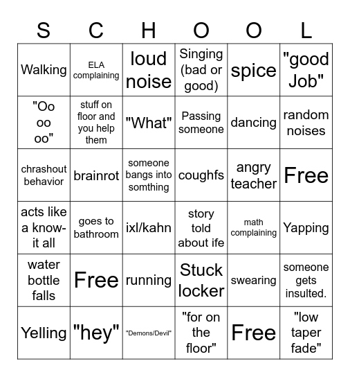 School Bingo Card