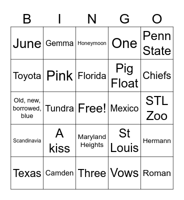 Couple's Shower Bingo Card