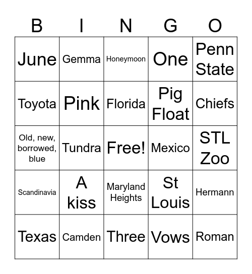 Couple's Shower Bingo Card