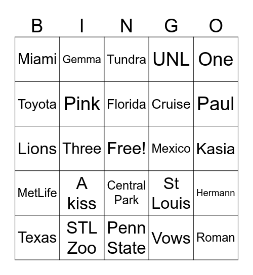Couple's Shower Bingo Card