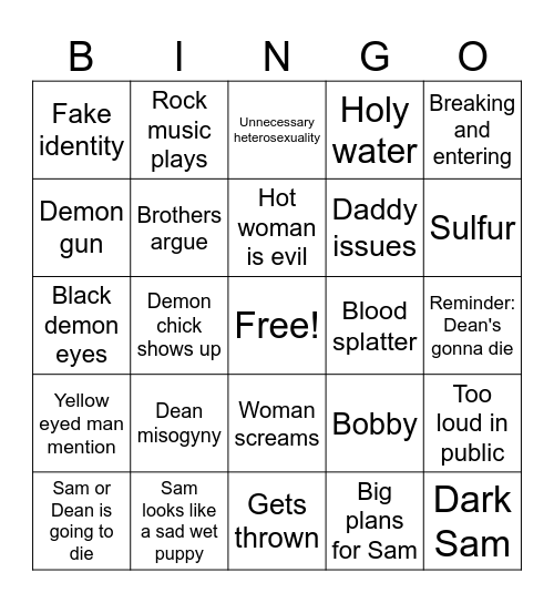 Supernatural Season 3 Bingo Card
