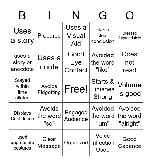 Presentation Bingo Card