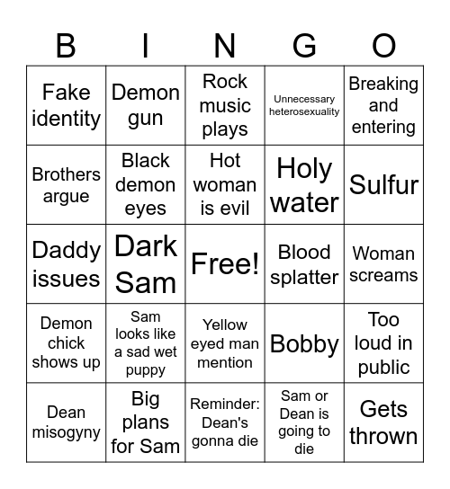 Supernatural Season 3 Bingo Card