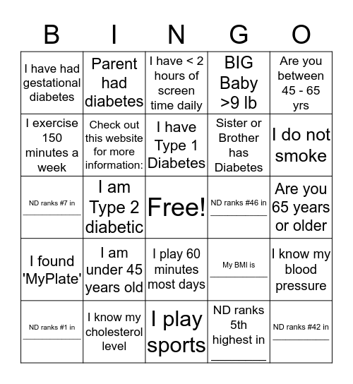 Diabetes Bingo Card