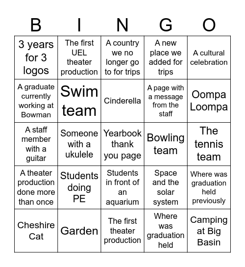 Yearbook Photos Scavenger Hunt Bingo Card