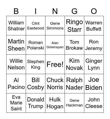 Celebrity Death Bingo Card