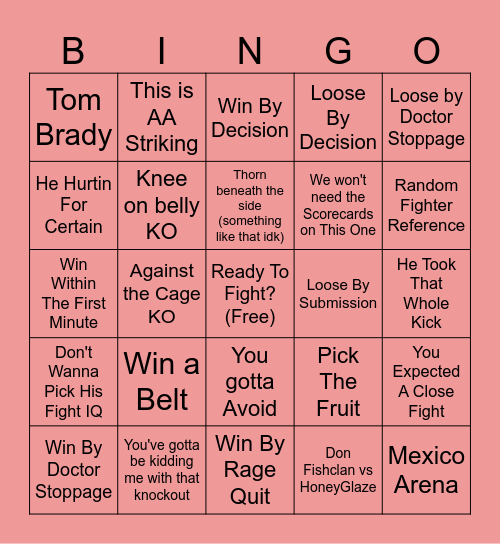 Ufc Bingo Card