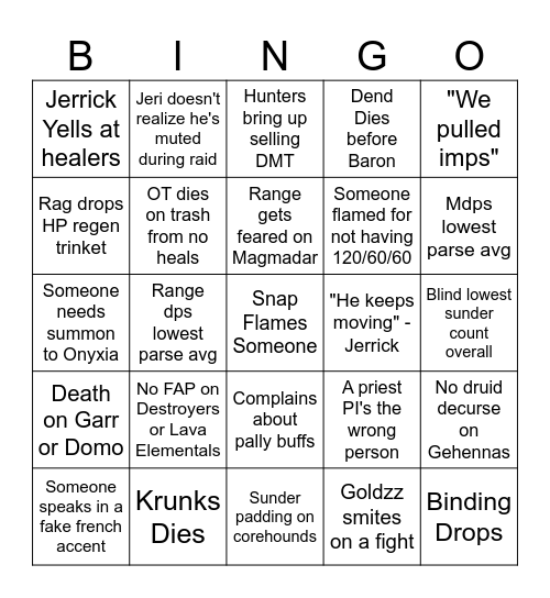 Dense Raid Night Bingo Card