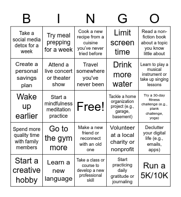 New Years Resolutions! Bingo Card