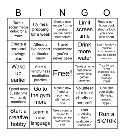 New Years Resolutions! Bingo Card
