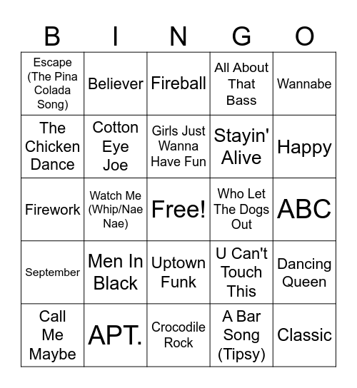 Music Bingo Round 1 Bingo Card