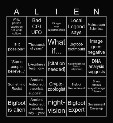 Aliens and Bigfoot Bingo Card