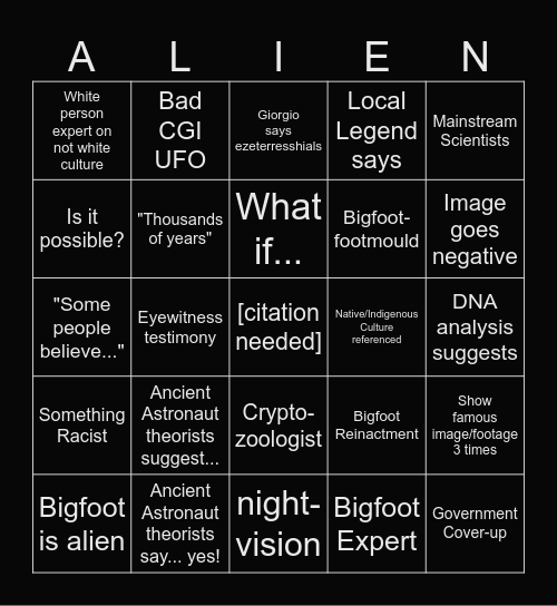 Aliens and Bigfoot Bingo Card