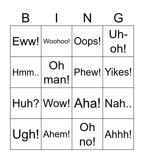 Interjections Bingo Card