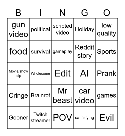 youtube short Bingo Card