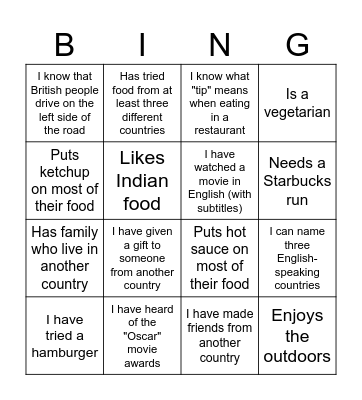 Cultural Diversity Bingo Card