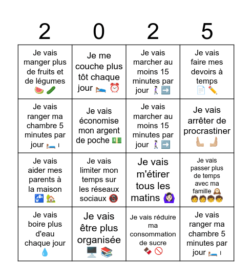 Les résolutions de Maddie Bingo Card