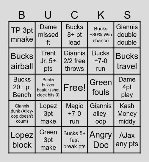 Bucks Bingo Card