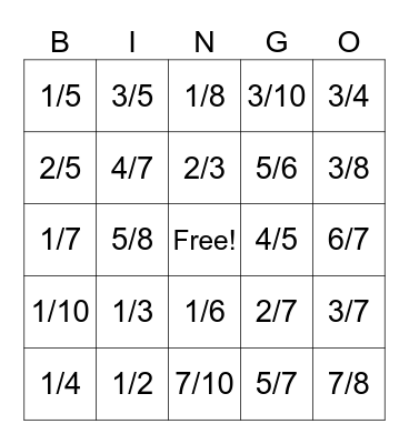 Simplifying fractions Bingo Card