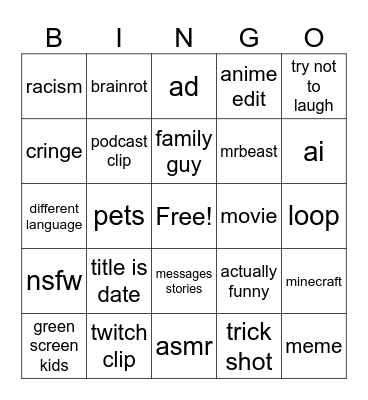 youtube shorts bingo Card