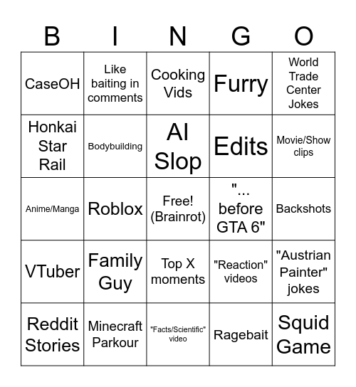 YT SHORTS tropes Bingo Card