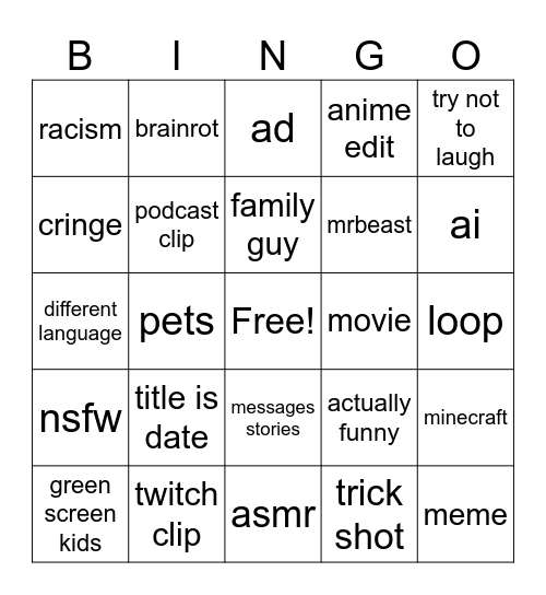 youtube shorts bingo Card
