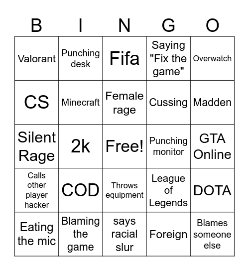 Gamer Rage 1.0 Bingo Card