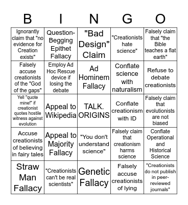 Anti-Creationist Bingo Card