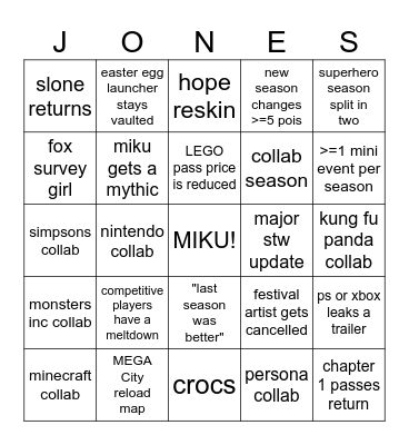fortnite 2025 Bingo Card