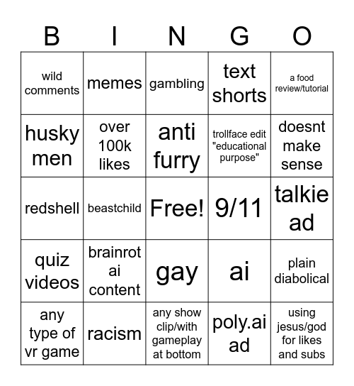 yt shorts bingo Card