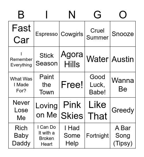 Billboard Top 50 of 2024 Bingo Card
