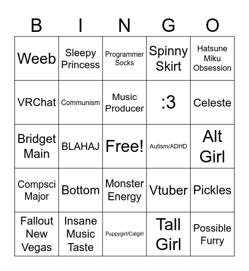 Trans Hobbies Bingo Card