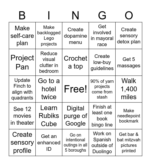 Susannah Goals 2025 Bingo Card
