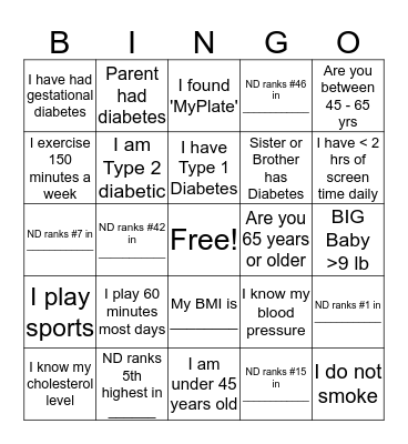 Diabetes Bingo Card