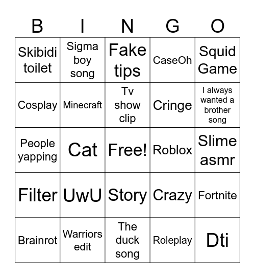 YouTube Shorts Bingo Card