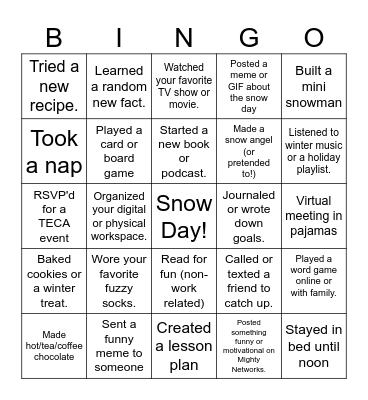 Snow Day Bingo Card