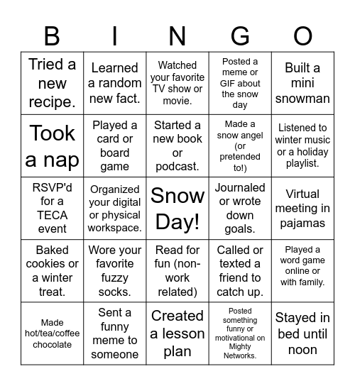 Snow Day Bingo Card