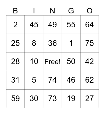 Number Bingo 1-75 Bingo Card