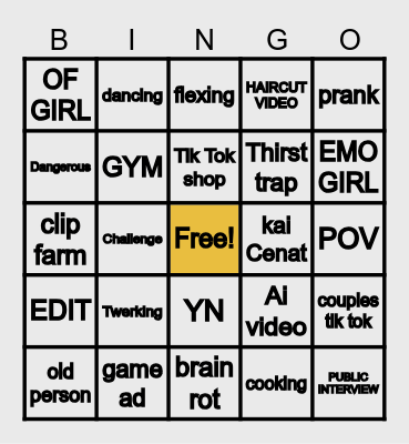 Tik Tok Bingo Card