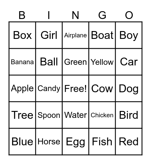 Edmark Words 1 Bingo Card